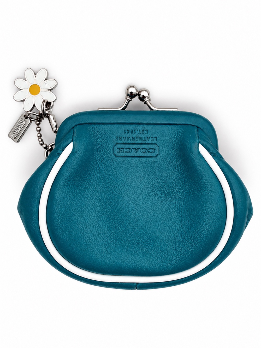 Teal Leather Coin Purse Kiss Lock Wallet Daisy Charm Change Pouch EUC